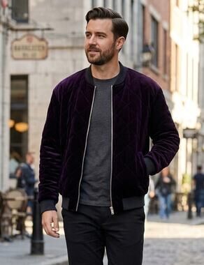 Zara Men's Quilted Velvet Bomber Jacket Purple Plum Diamond Stitch Full Zip L